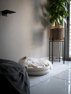 A fluffy white cat relaxes in a Nep + Plu Mia Mélange round modern cat bed on a light rug in a modern room. Made in Stellenbosch, South Africa.